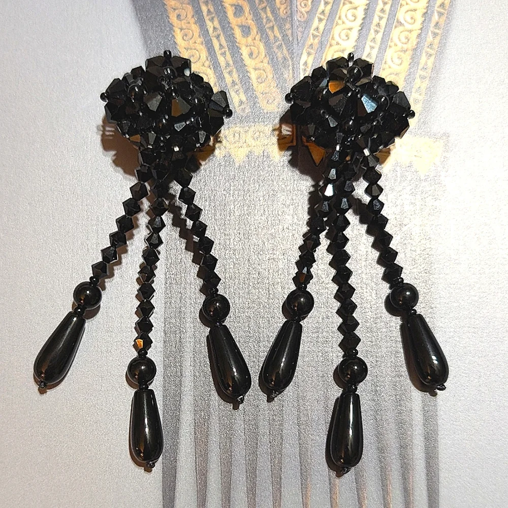 VTG French Jet Shoulder Brusher Earrings 3.5" !!! - Picture 1 of 7